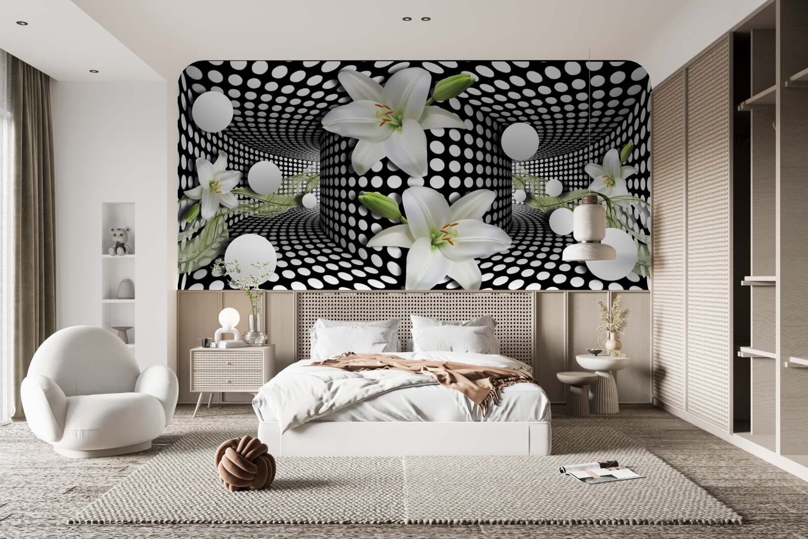 Фотошпалери білі лотоси в абстрактному коридорі