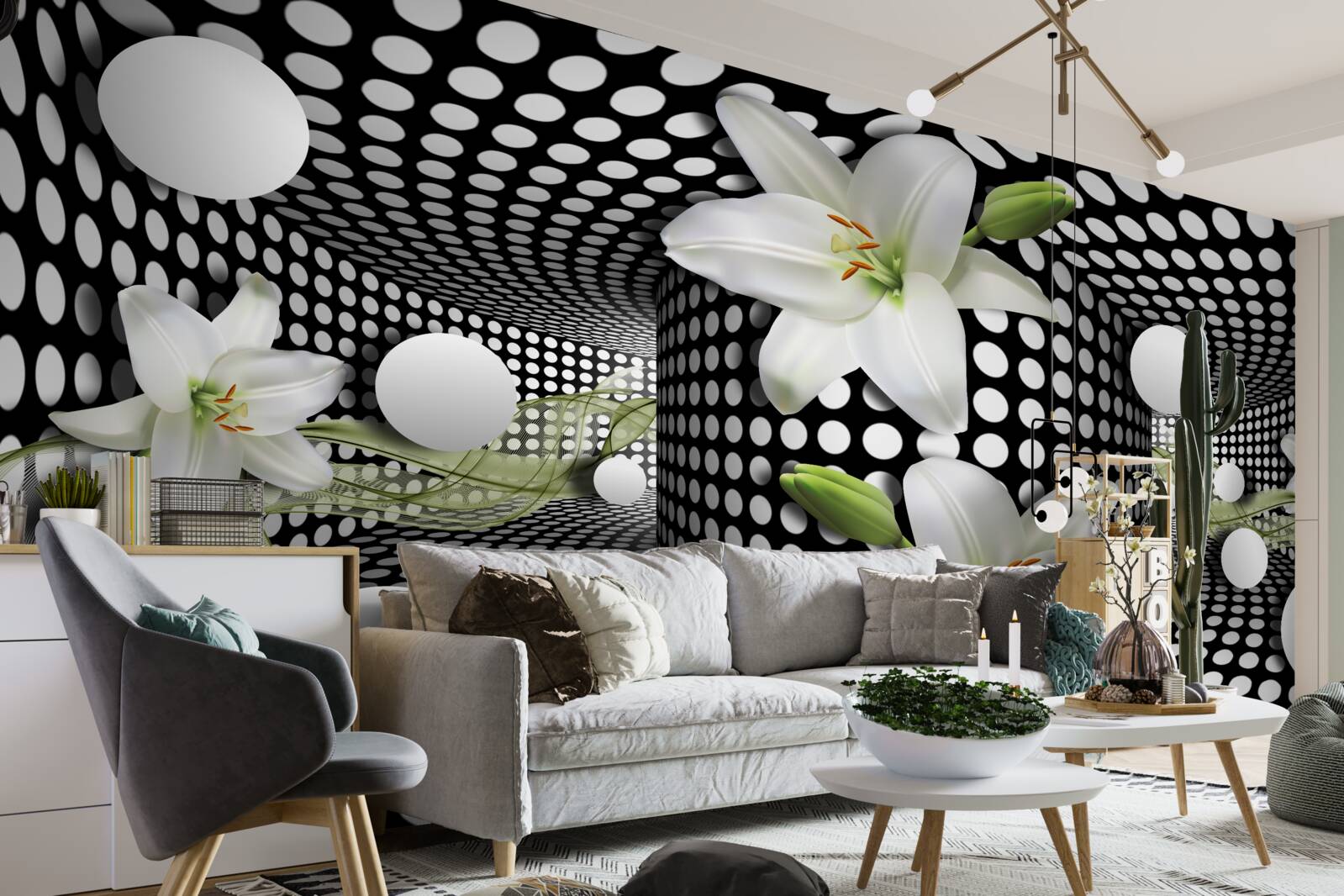 Фотошпалери білі лотоси в абстрактному коридорі