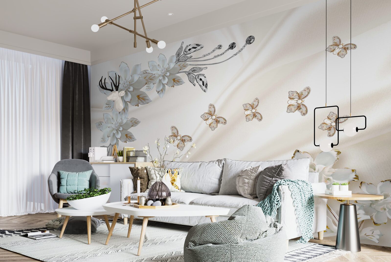 Фотошпалери шовкові метелики пурхають над квітами