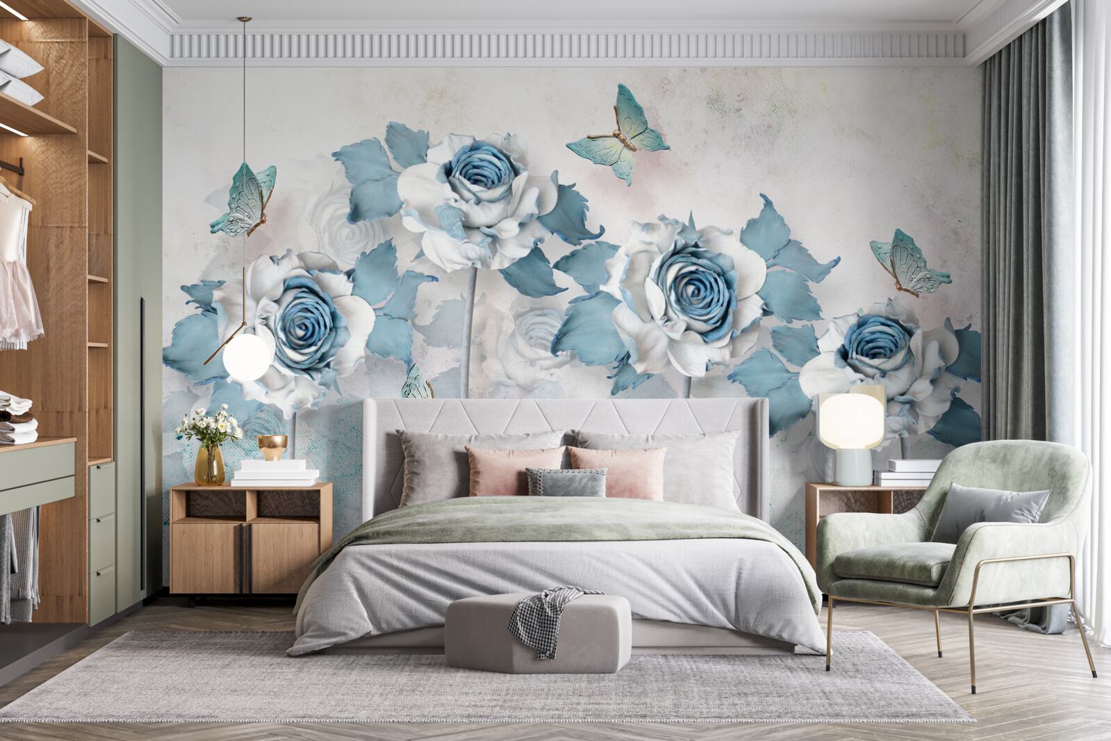 Фотошпалери витончені троянди з текстилю та біжутерії з метеликами