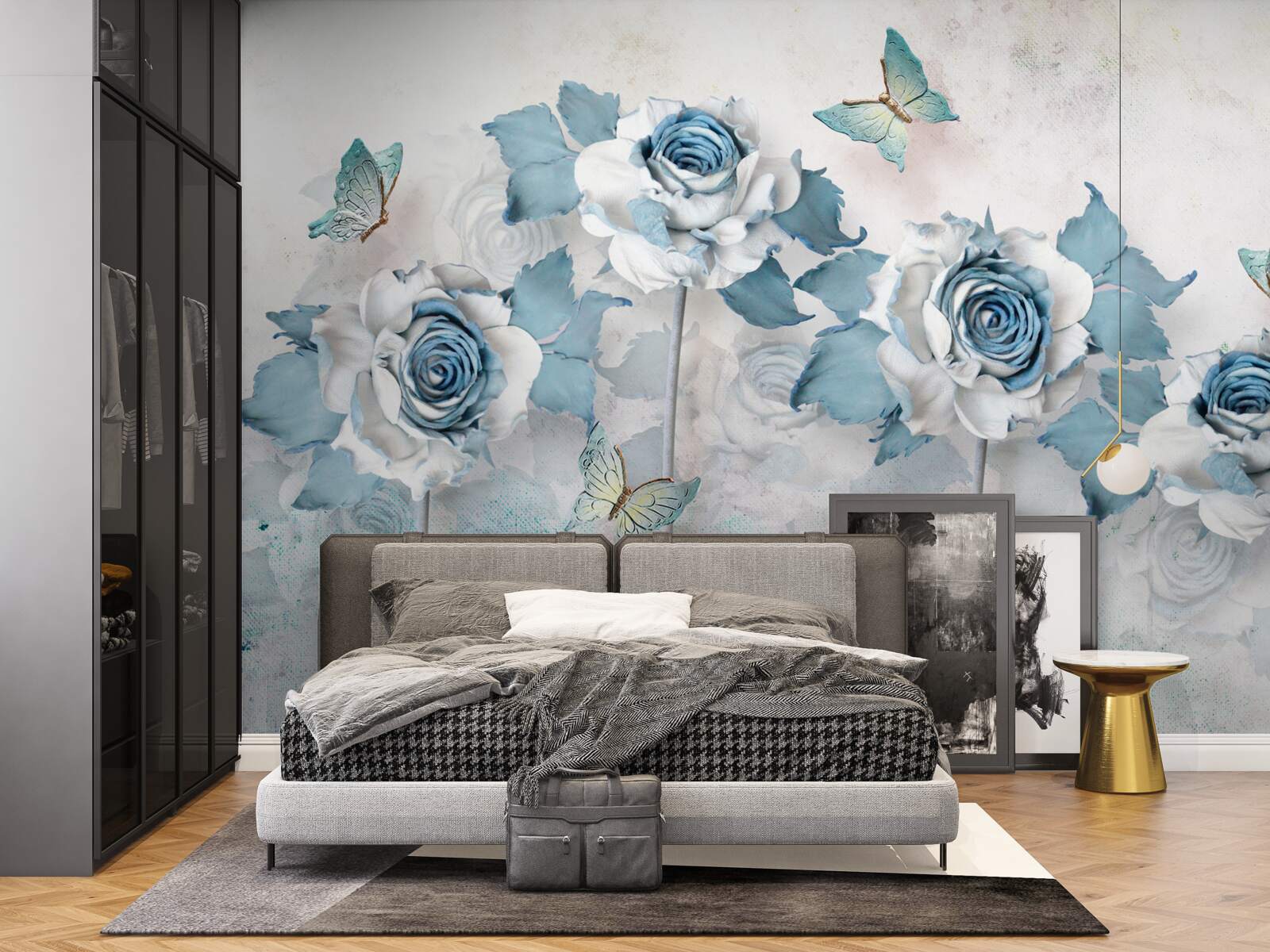 Фотошпалери витончені троянди з текстилю та біжутерії з метеликами