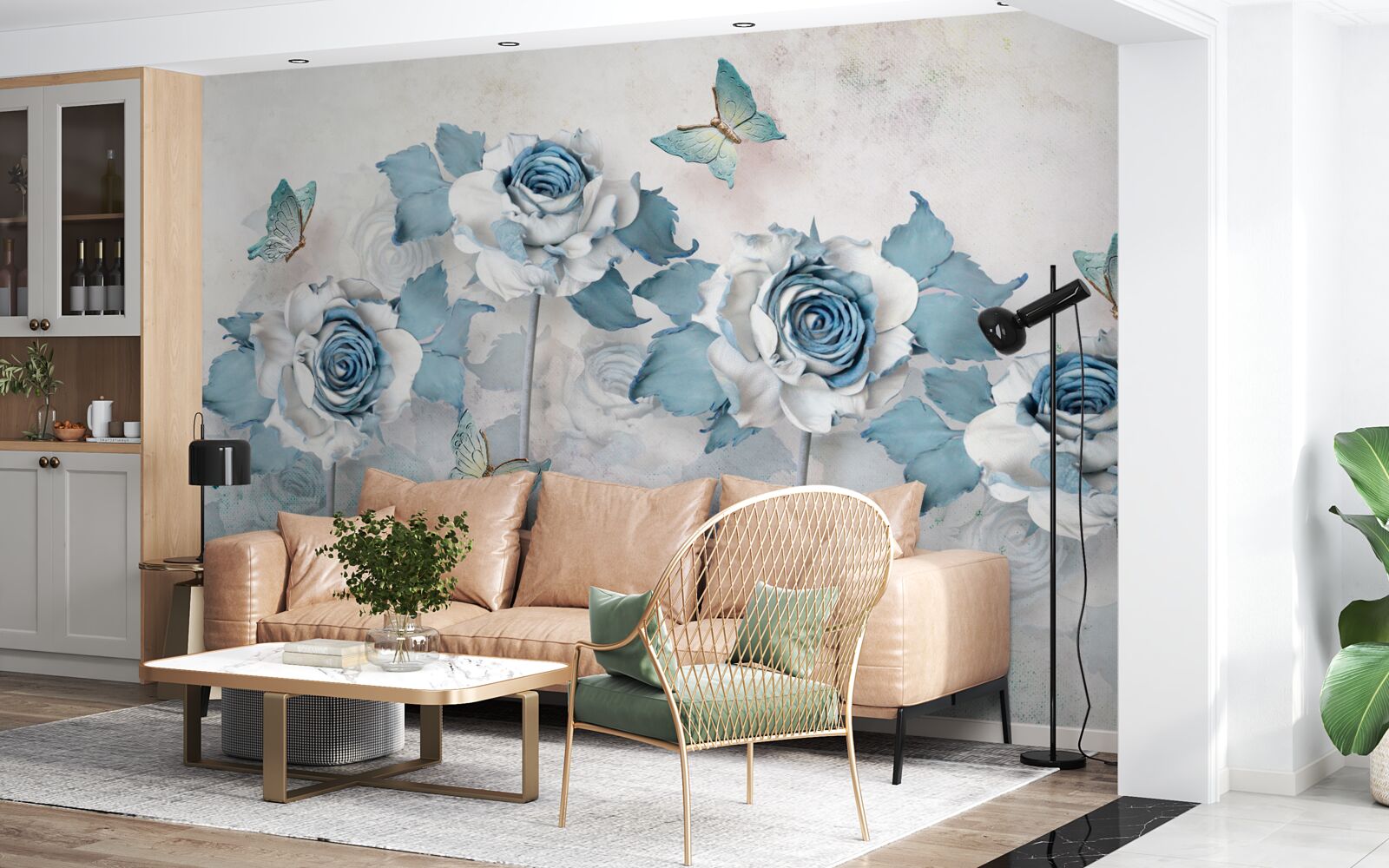 Фотошпалери витончені троянди з текстилю та біжутерії з метеликами