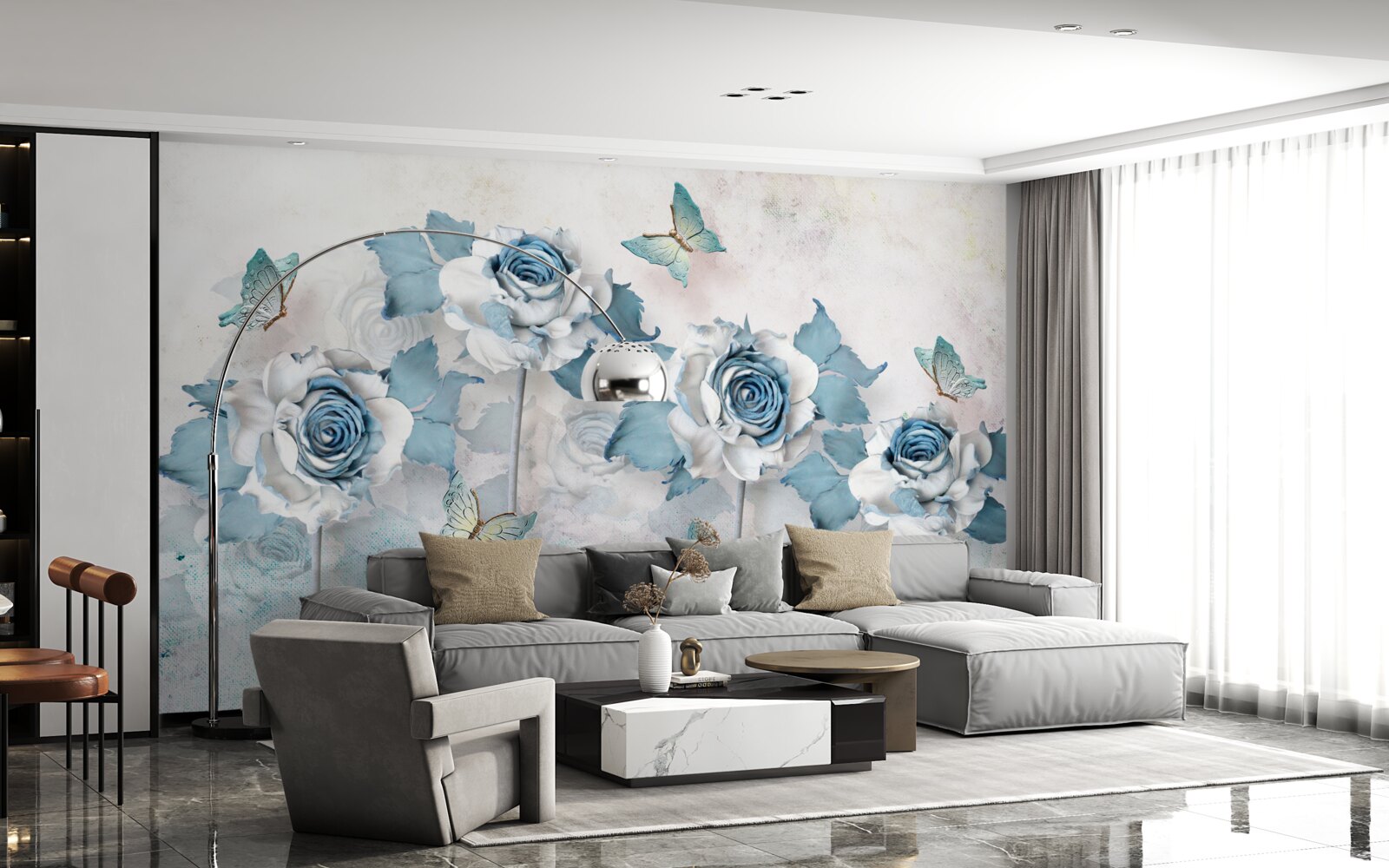 Фотошпалери витончені троянди з текстилю та біжутерії з метеликами