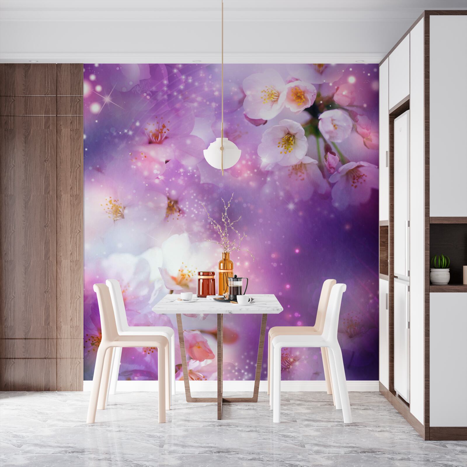 Фотошпалери яскраві квіти на бузковому тлі