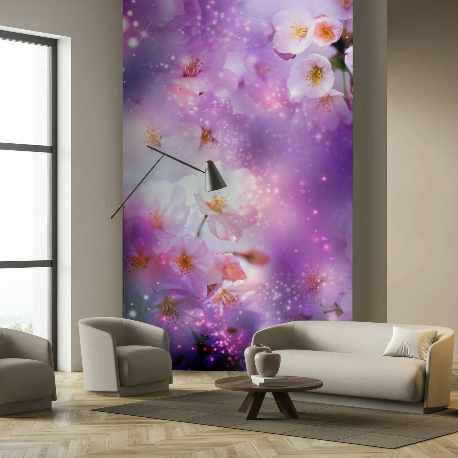 Фотошпалери яскраві квіти на бузковому тлі