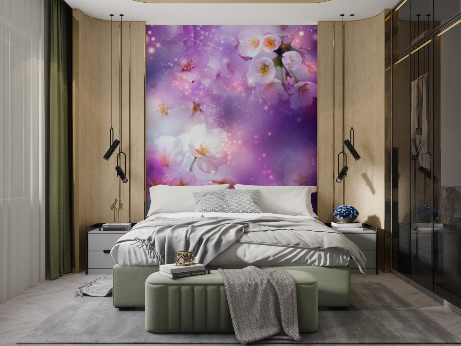 Фотошпалери яскраві квіти на бузковому тлі