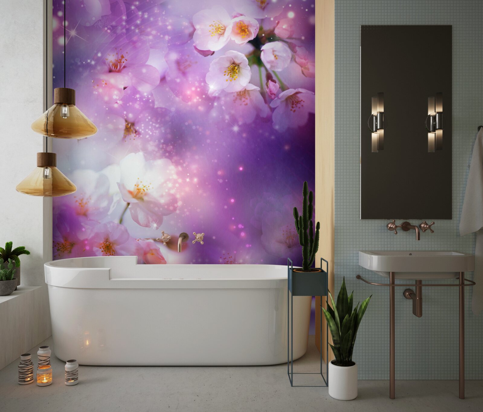 Фотошпалери яскраві квіти на бузковому тлі