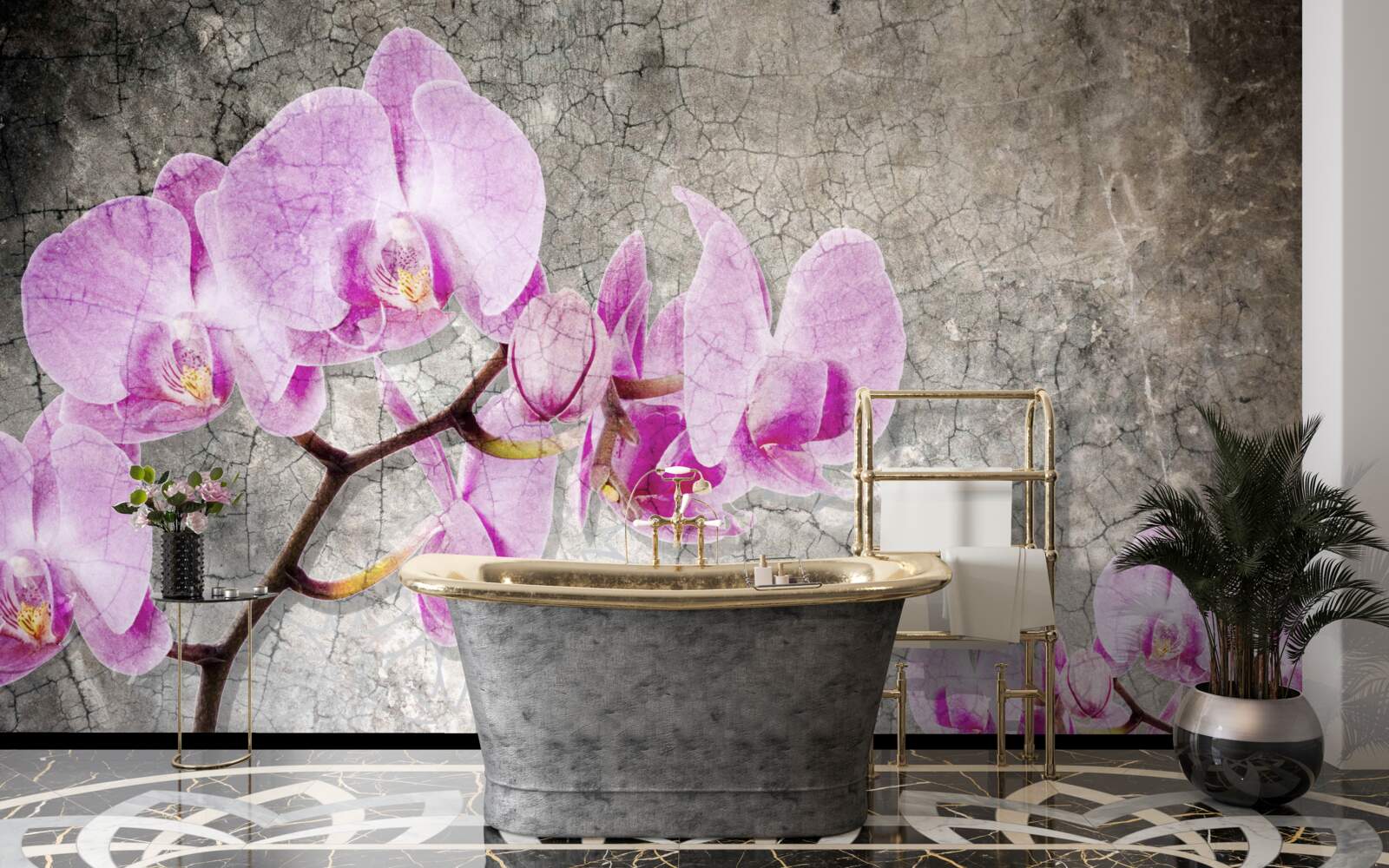 Фотошпалери бузкові гілки орхідеї на сірому тлі
