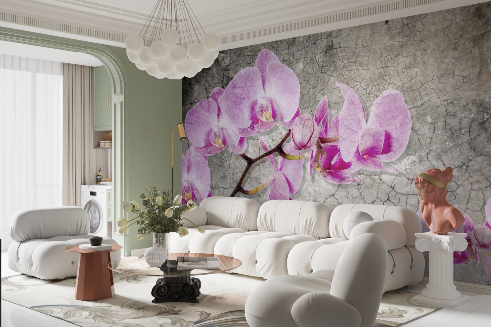 Фотошпалери бузкові гілки орхідеї на сірому тлі