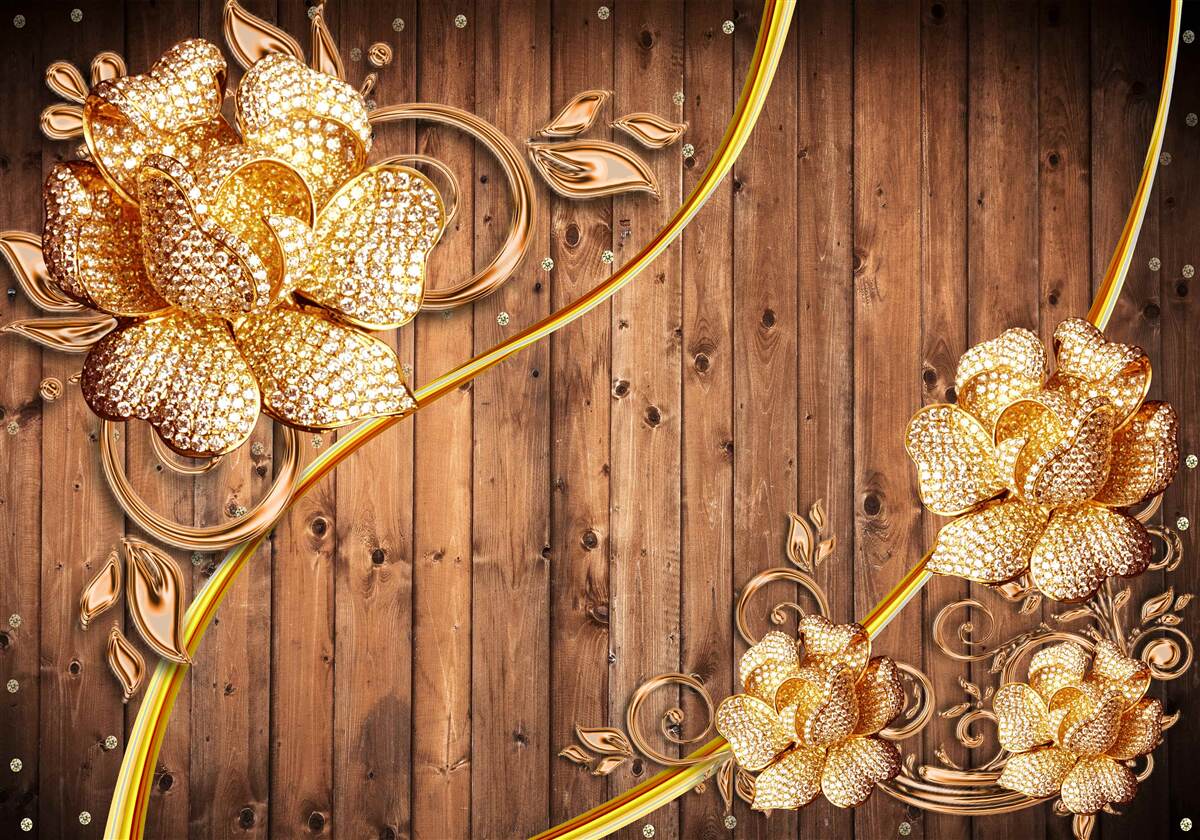 Фотошпалери золоті квіти та гілки на дереві