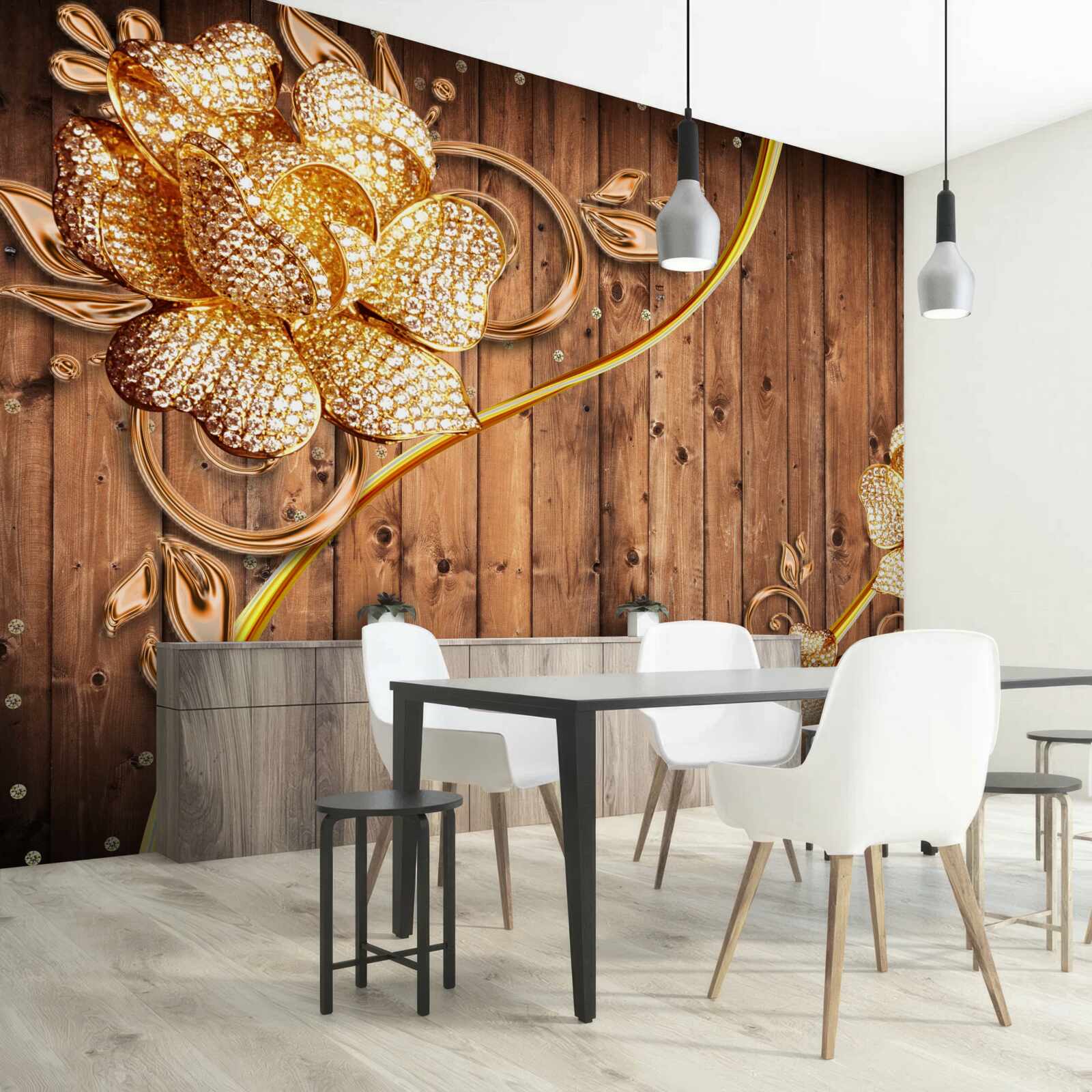 Фотошпалери золоті квіти та гілки на дереві