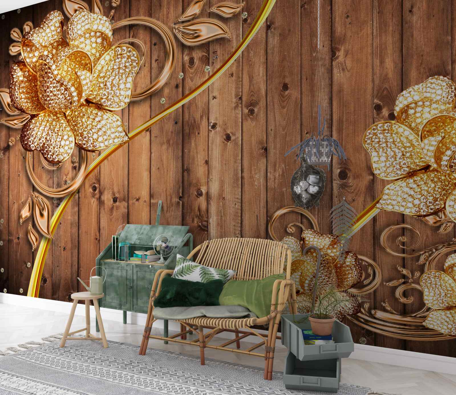 Фотошпалери золоті квіти та гілки на дереві