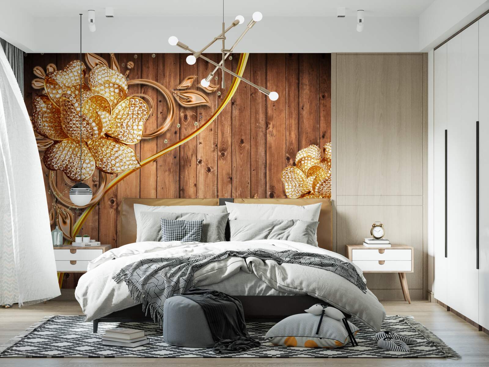 Фотошпалери золоті квіти та гілки на дереві