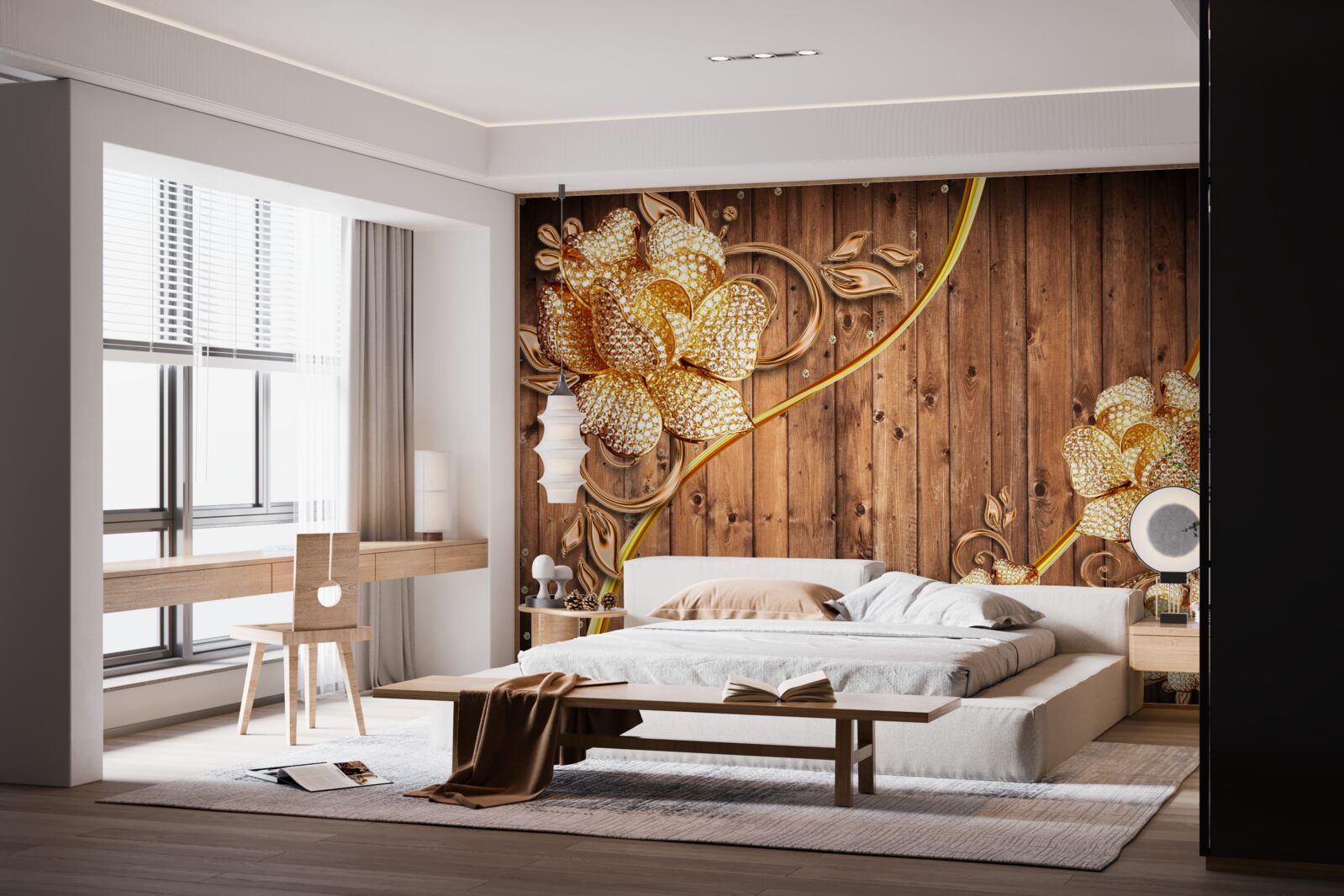 Фотошпалери золоті квіти та гілки на дереві