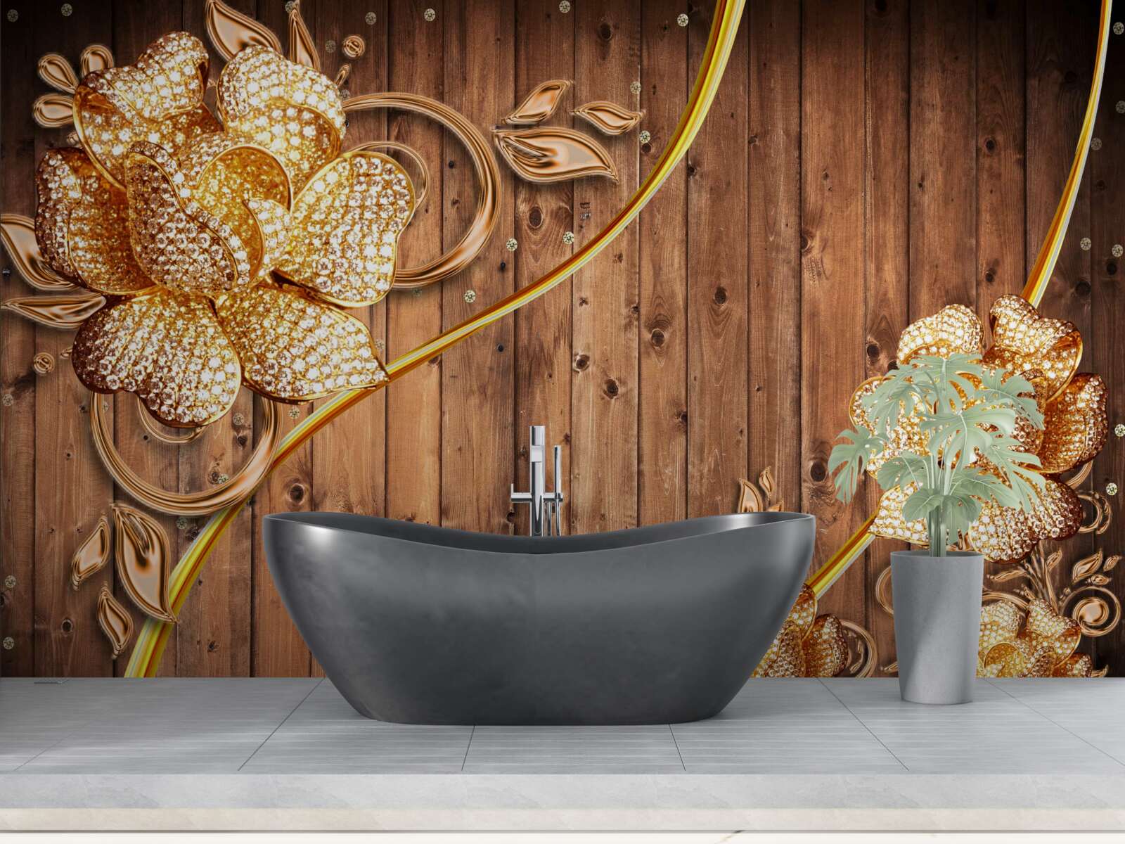 Фотошпалери золоті квіти та гілки на дереві