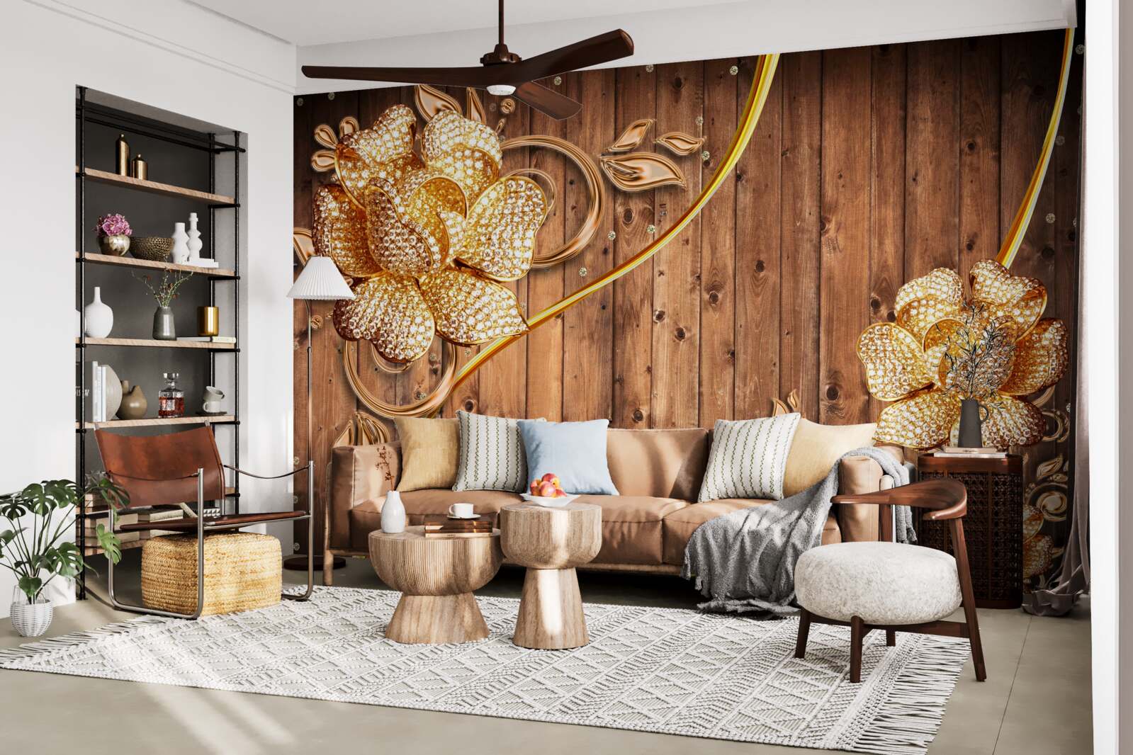 Фотошпалери золоті квіти та гілки на дереві