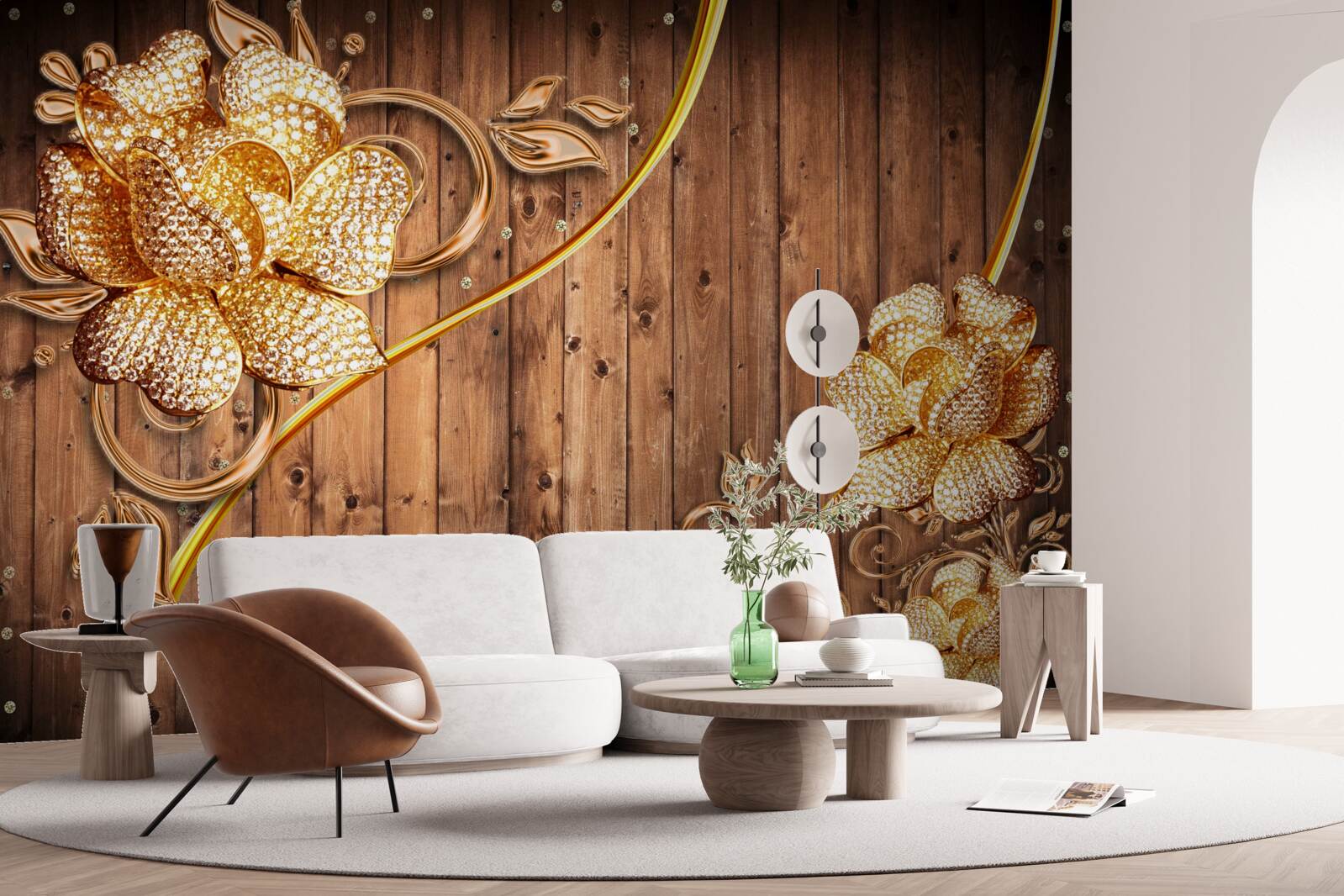 Фотошпалери золоті квіти та гілки на дереві