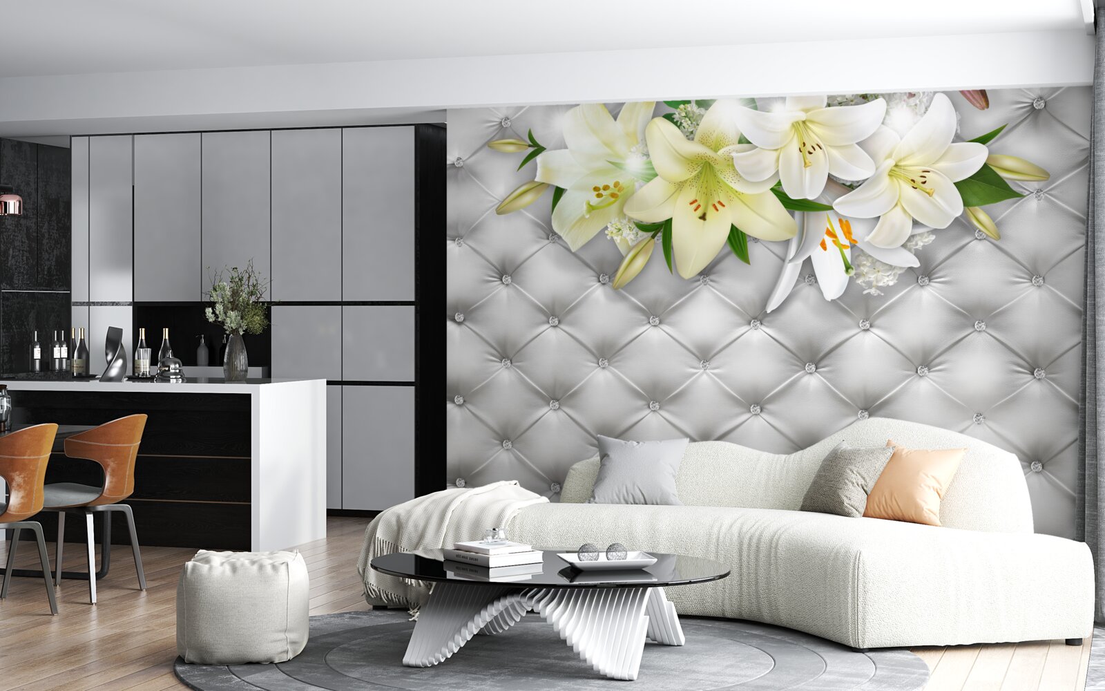 Фотошпалери тканина з перлами в білому квітковому візерунку