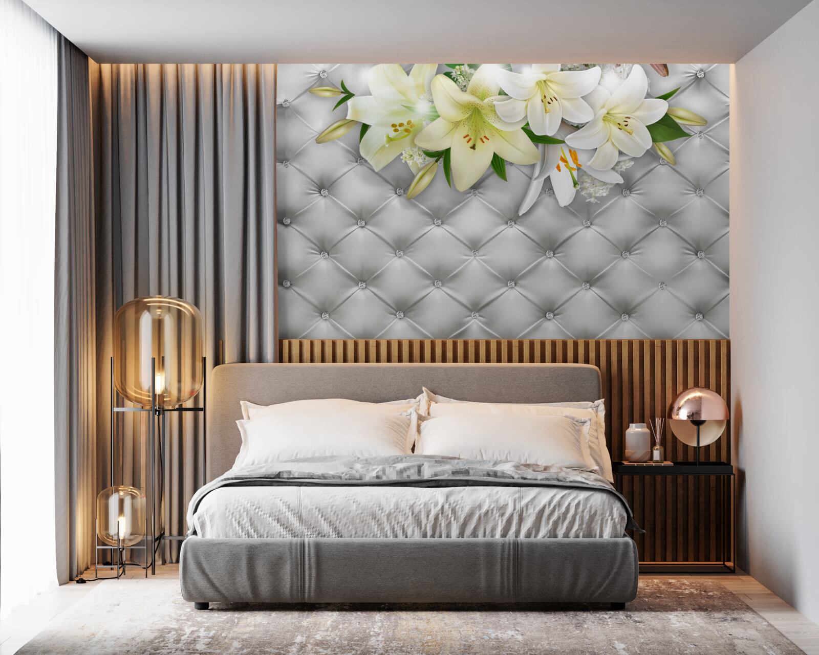 Фотошпалери тканина з перлами в білому квітковому візерунку