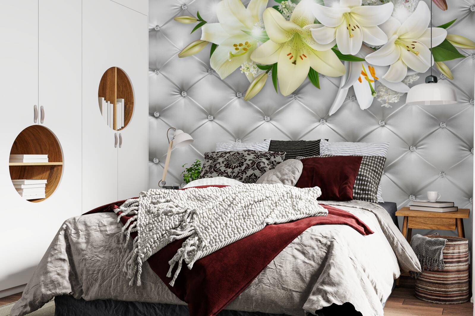 Фотошпалери тканина з перлами в білому квітковому візерунку