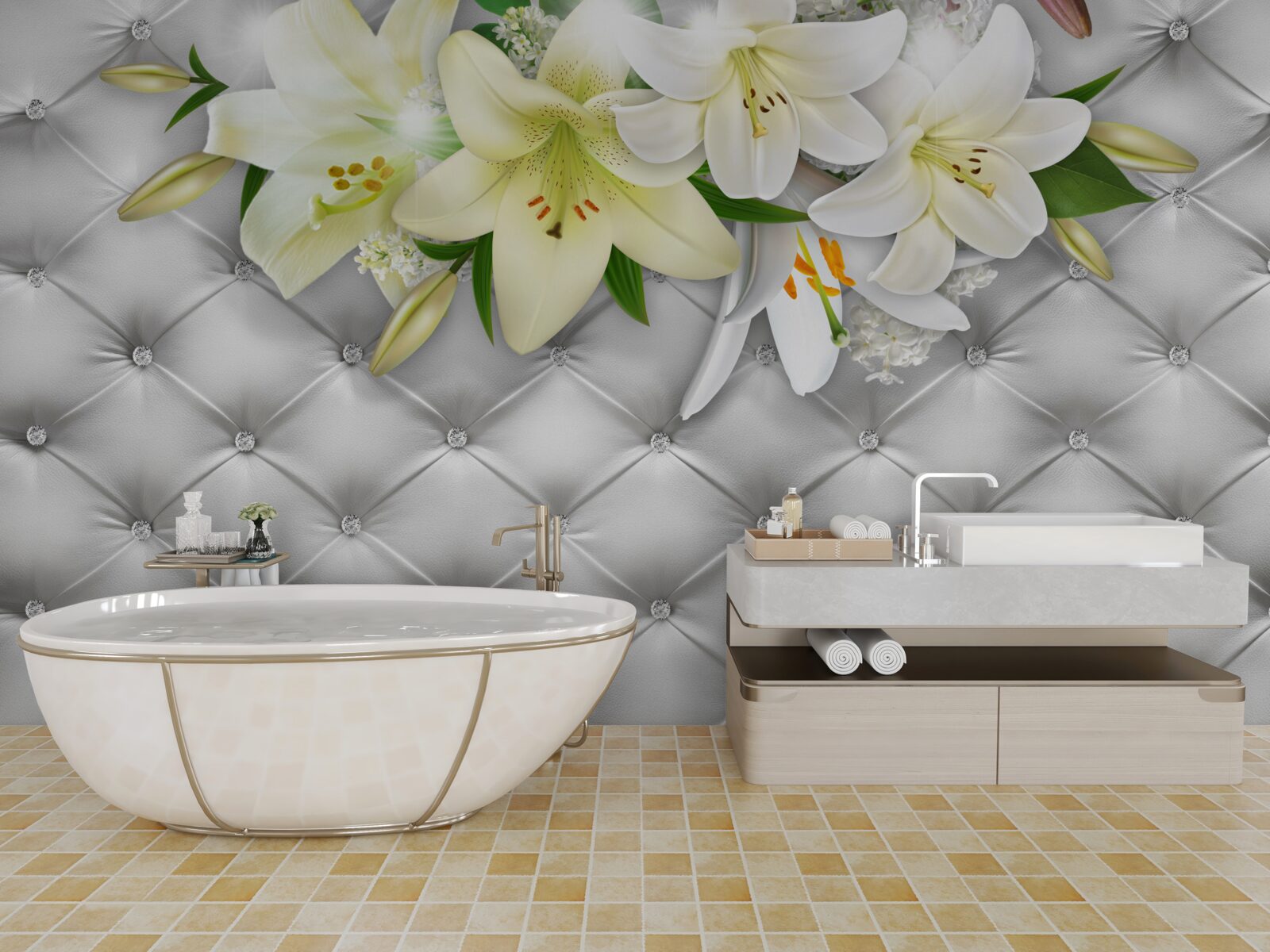 Фотошпалери тканина з перлами в білому квітковому візерунку