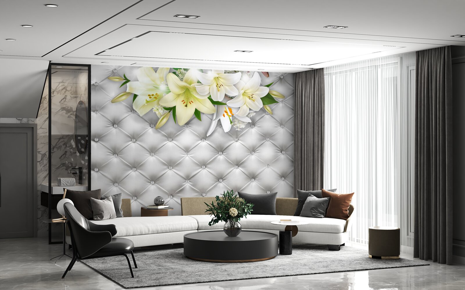 Фотошпалери тканина з перлами в білому квітковому візерунку