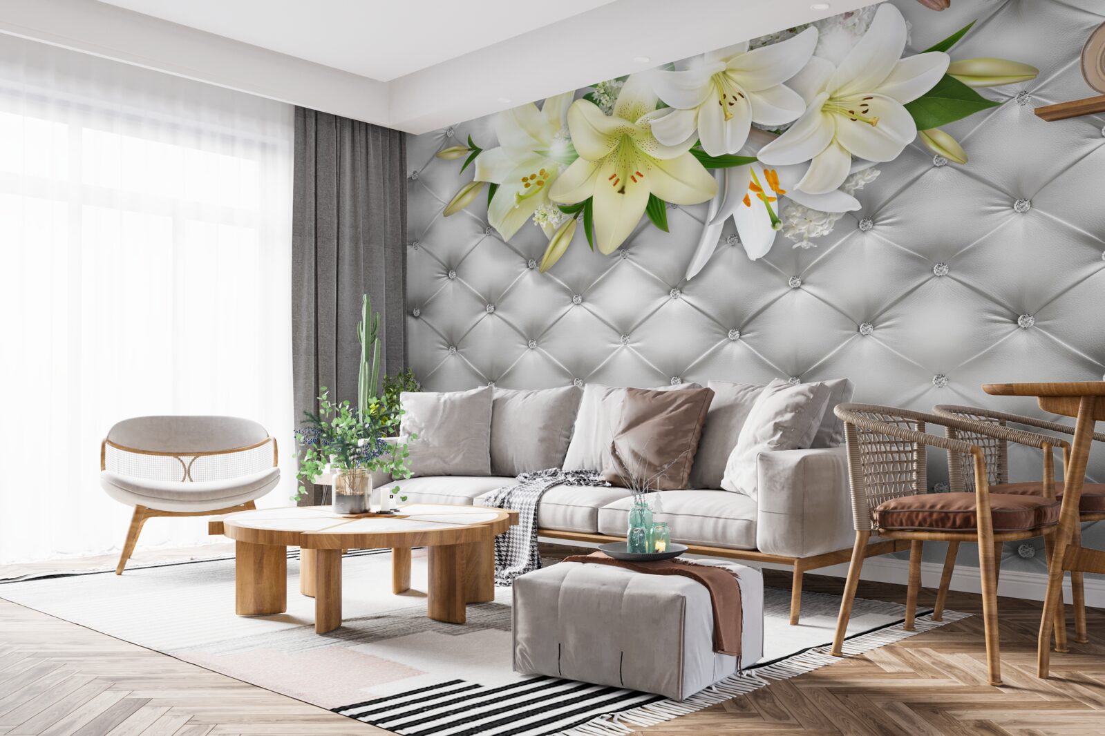 Фотошпалери тканина з перлами в білому квітковому візерунку