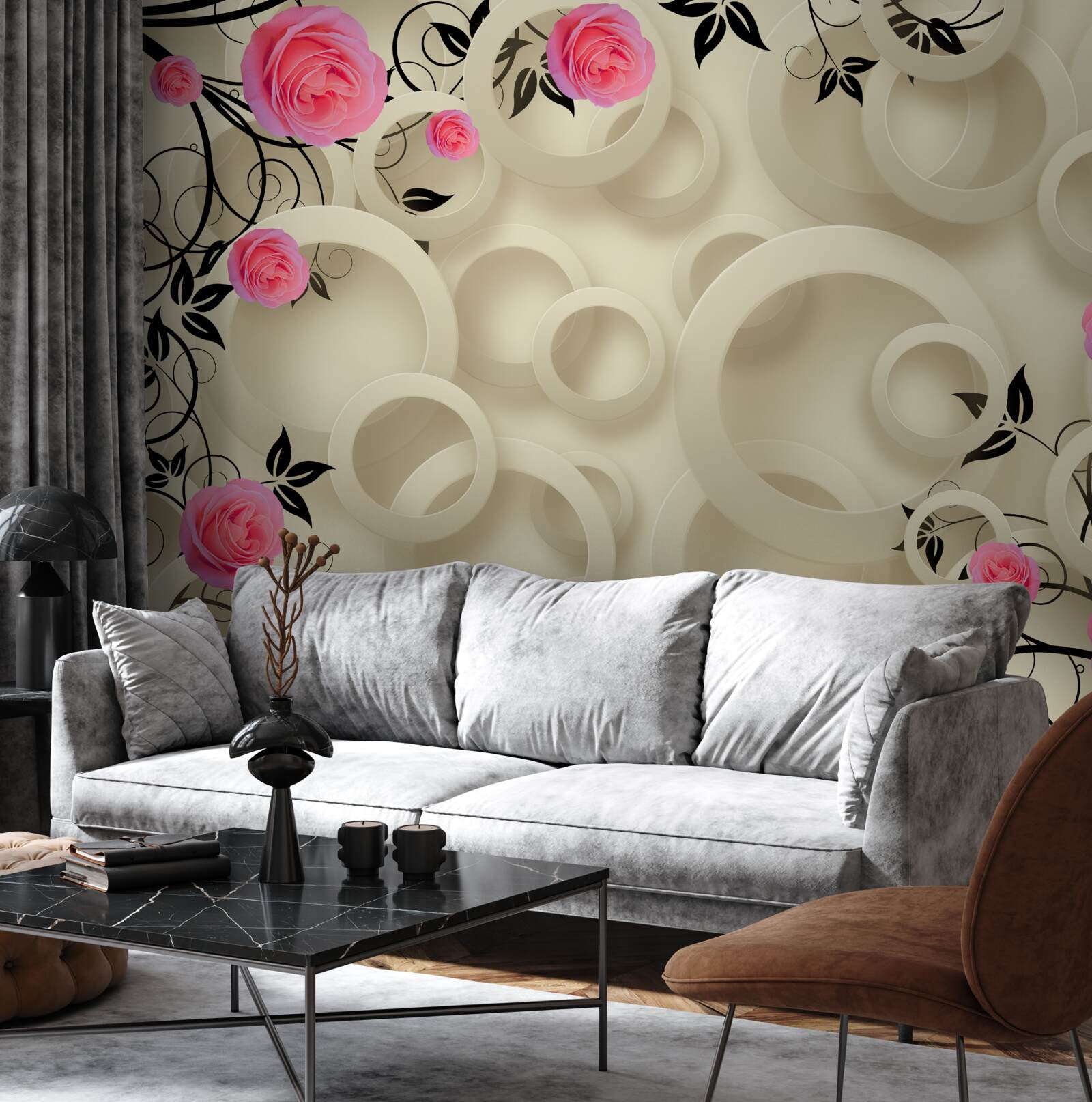 Фотошпалери чорні пелюстки троянд на абстрактному тлі