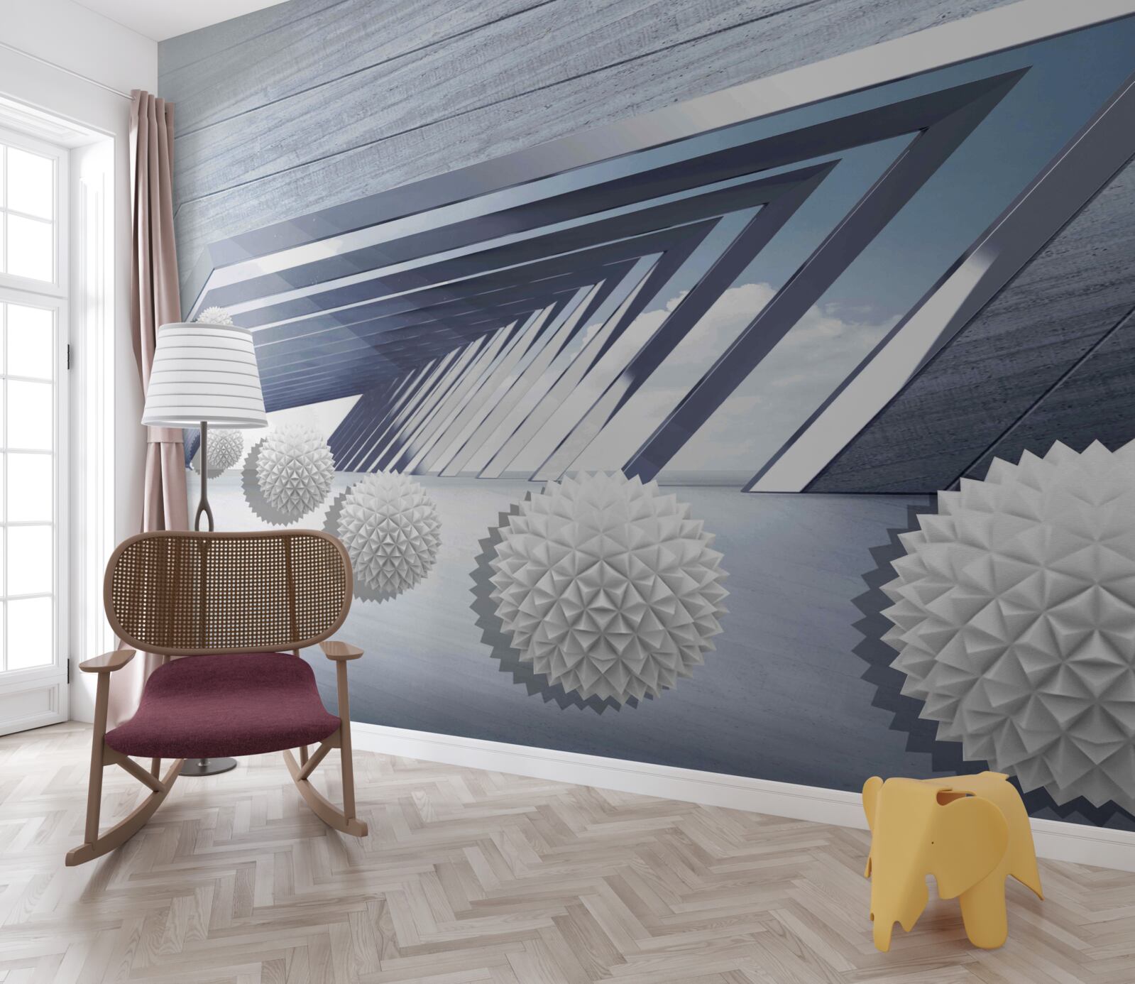 Фотошпалери літаючі шиповані кульки в проході