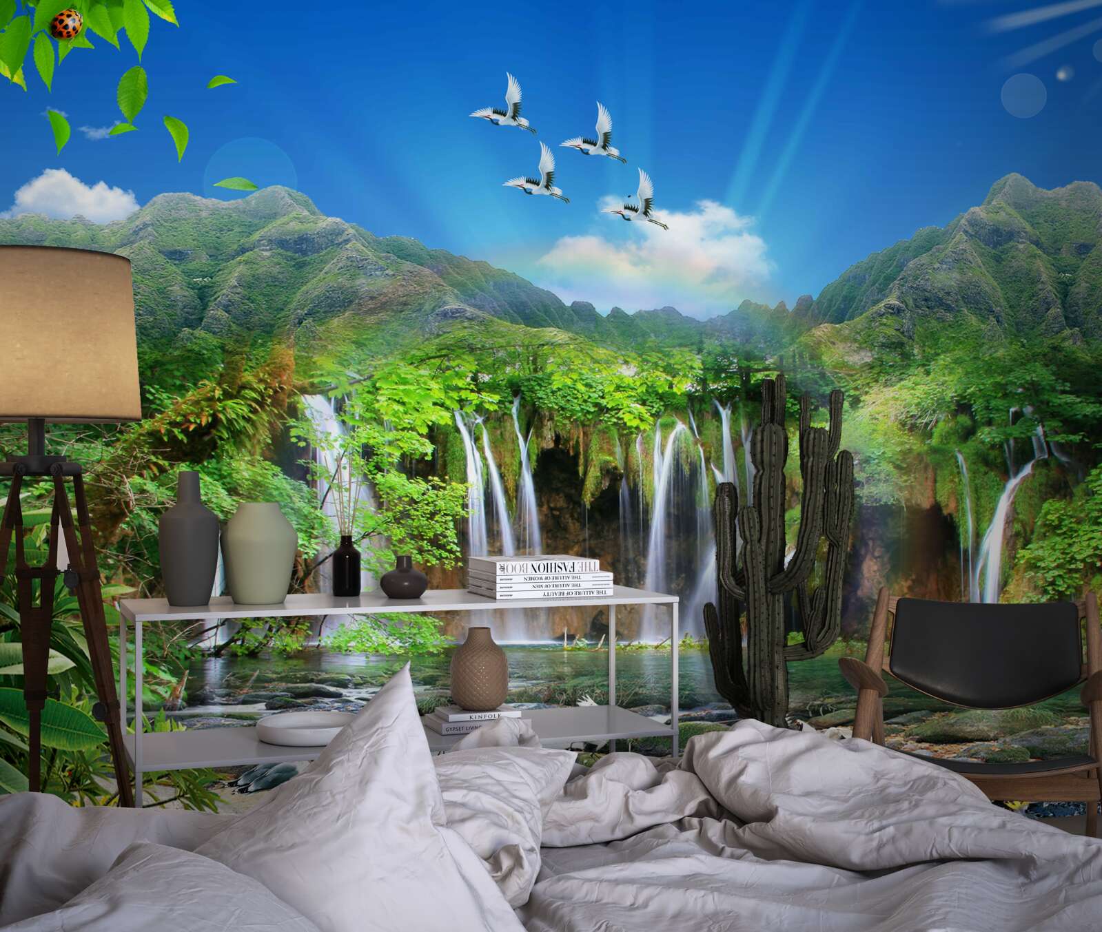 Фотошпалери птахи літають над водоспадами в тропічних регіонах