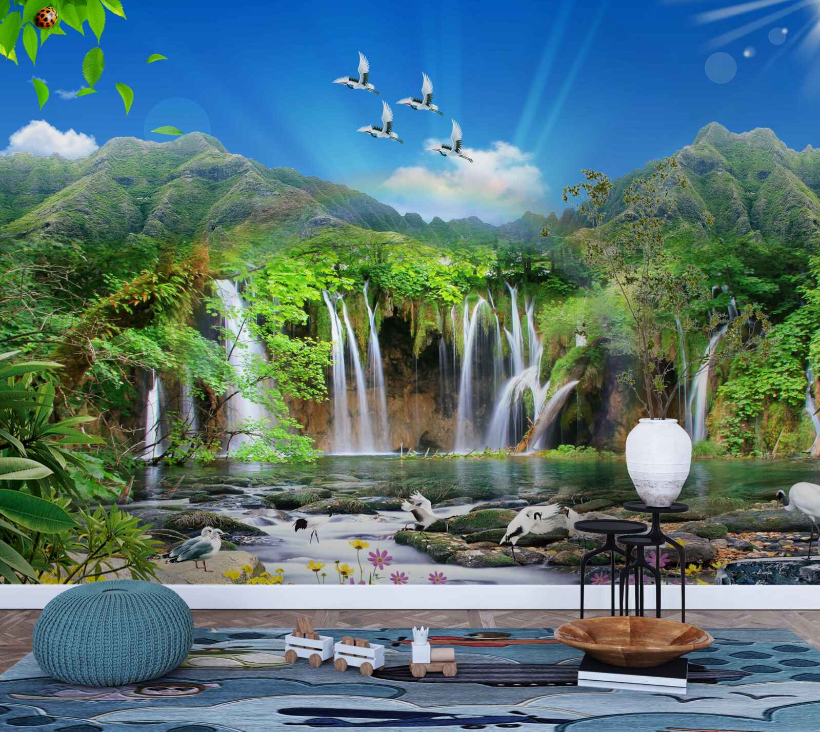 Фотошпалери птахи літають над водоспадами в тропічних регіонах