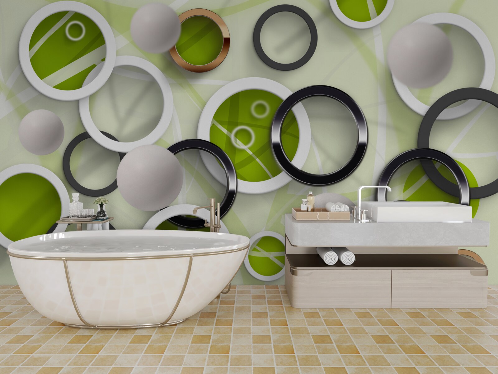 Фотошпалери абстрактні кола з зеленими елементами