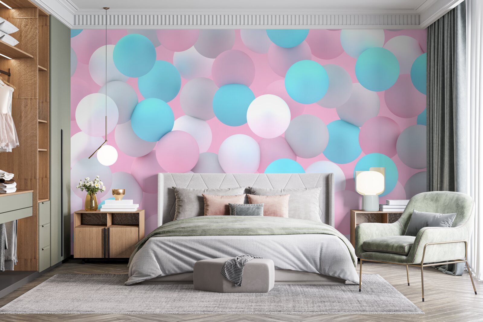 Фотошпалери в басейні плавають кульки всіх кольорів