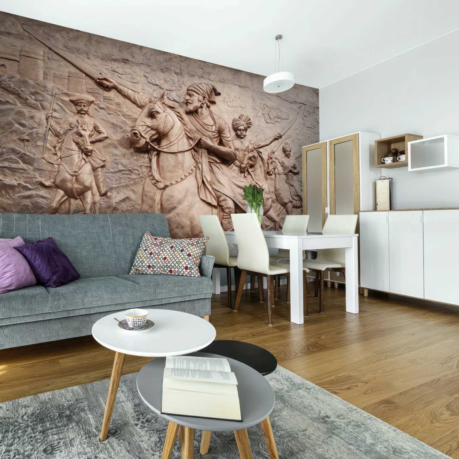 Фотошпалери рельєф із зображенням воїнів, що б'ються на конях