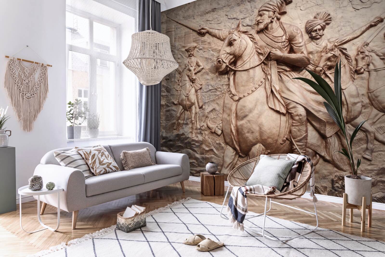 Фотошпалери рельєф із зображенням воїнів, що б'ються на конях