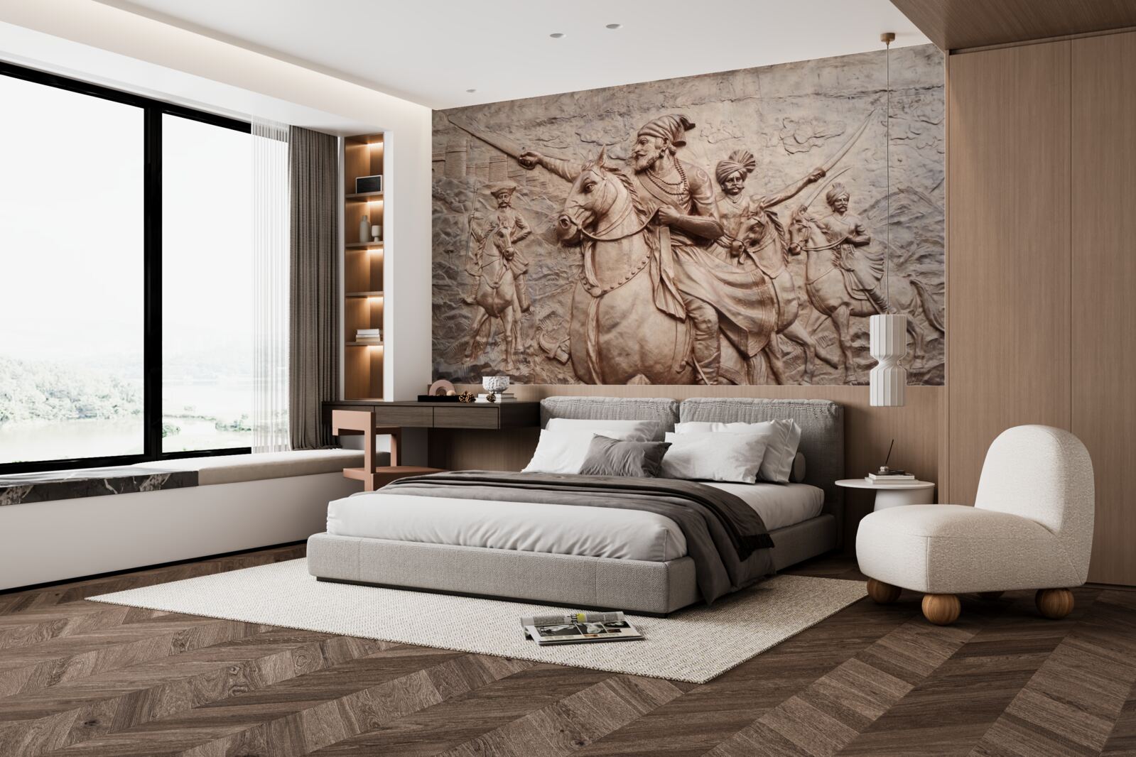 Фотошпалери рельєф із зображенням воїнів, що б'ються на конях