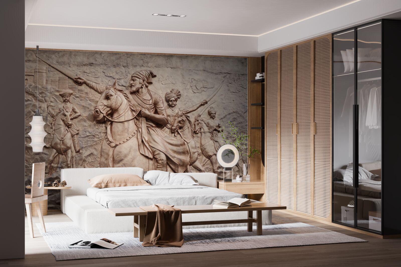 Фотошпалери рельєф із зображенням воїнів, що б'ються на конях