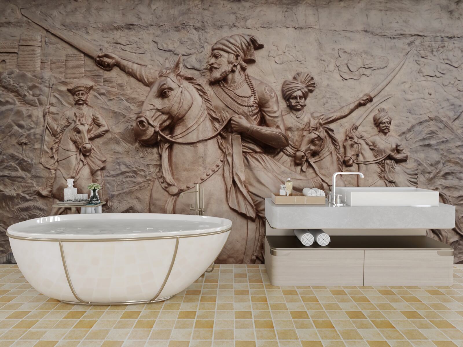 Фотошпалери рельєф із зображенням воїнів, що б'ються на конях