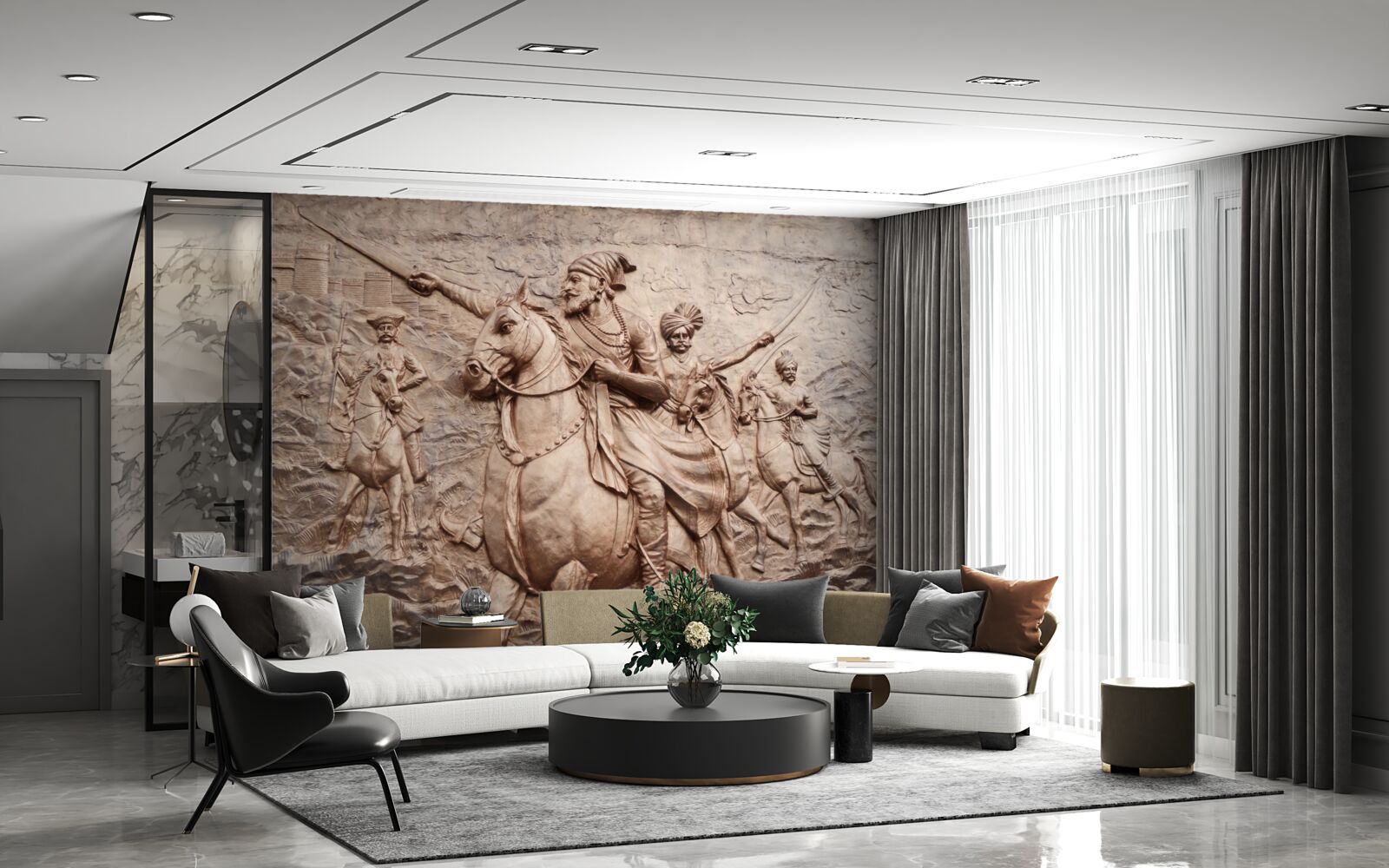 Фотошпалери рельєф із зображенням воїнів, що б'ються на конях