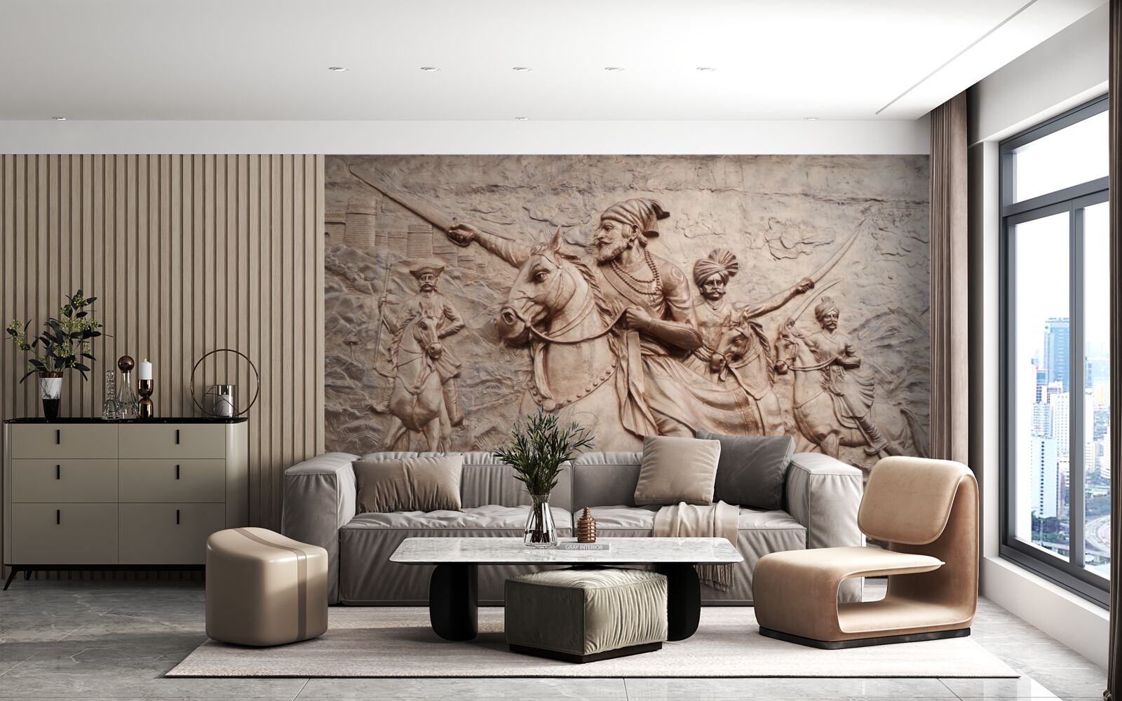 Фотошпалери рельєф із зображенням воїнів, що б'ються на конях