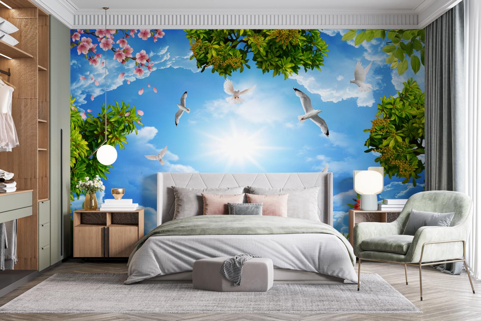 Фотошпалери птахи в лісі насолоджуються сонячним днем