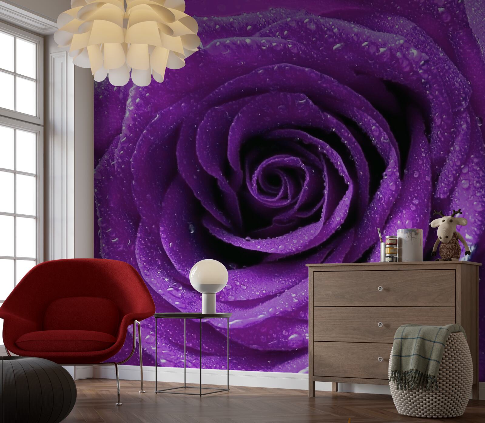 Фотошпалери великі краплі роси на пелюстках бузкової троянди