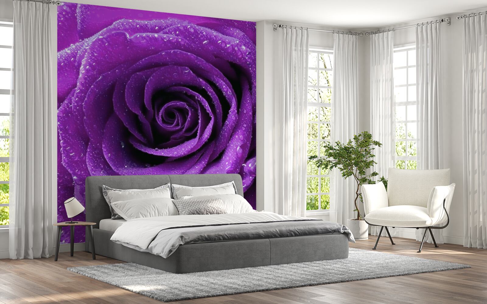 Фотошпалери великі краплі роси на пелюстках бузкової троянди