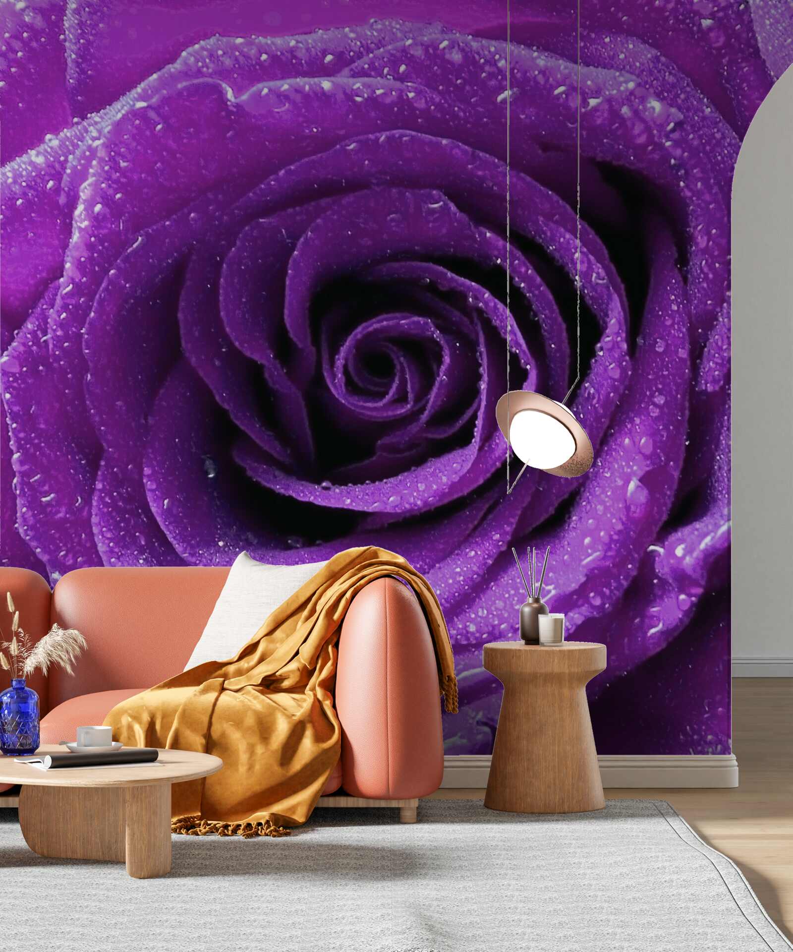 Фотошпалери великі краплі роси на пелюстках бузкової троянди