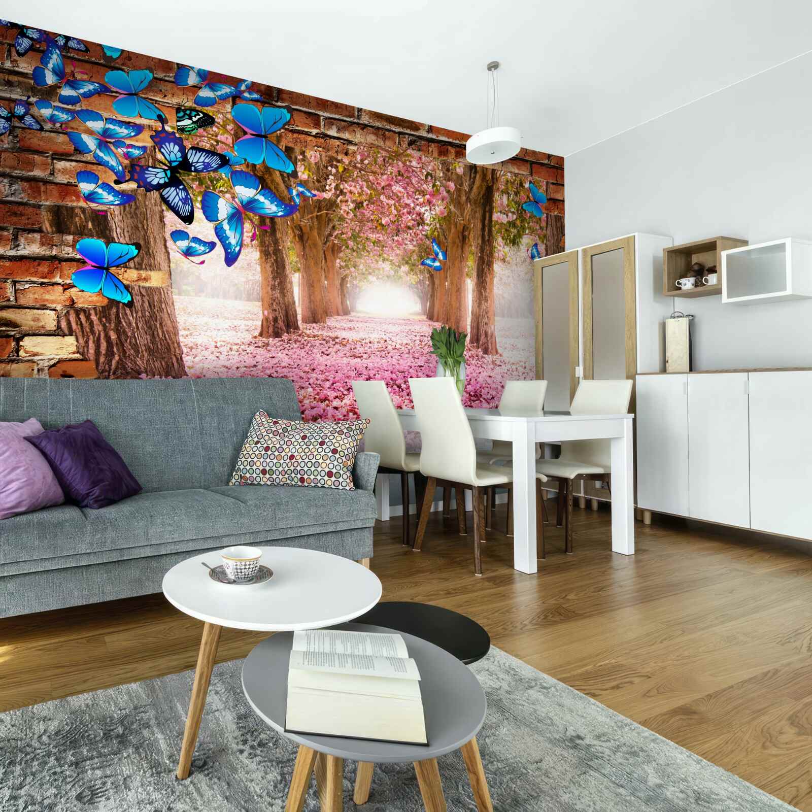 Фотошпалери сакура приваблює метеликів своїми квітами