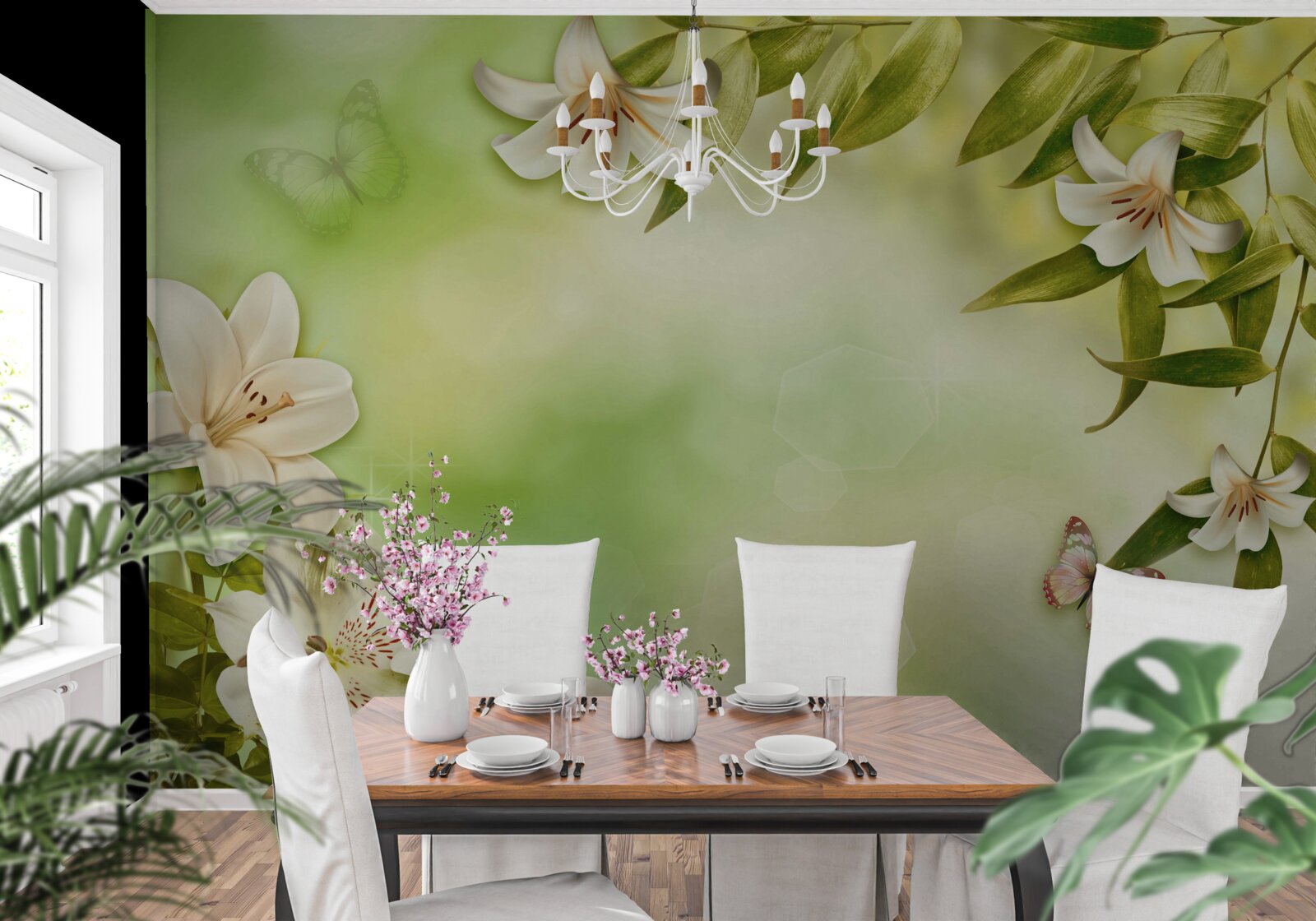 Фотошпалери весняні квіти з пурхаючими метеликами