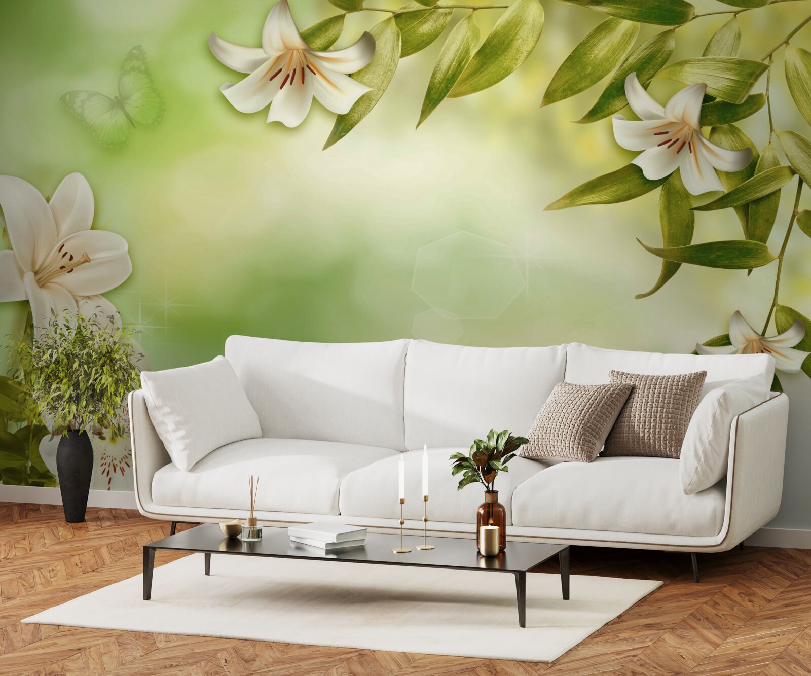 Фотошпалери весняні квіти з пурхаючими метеликами