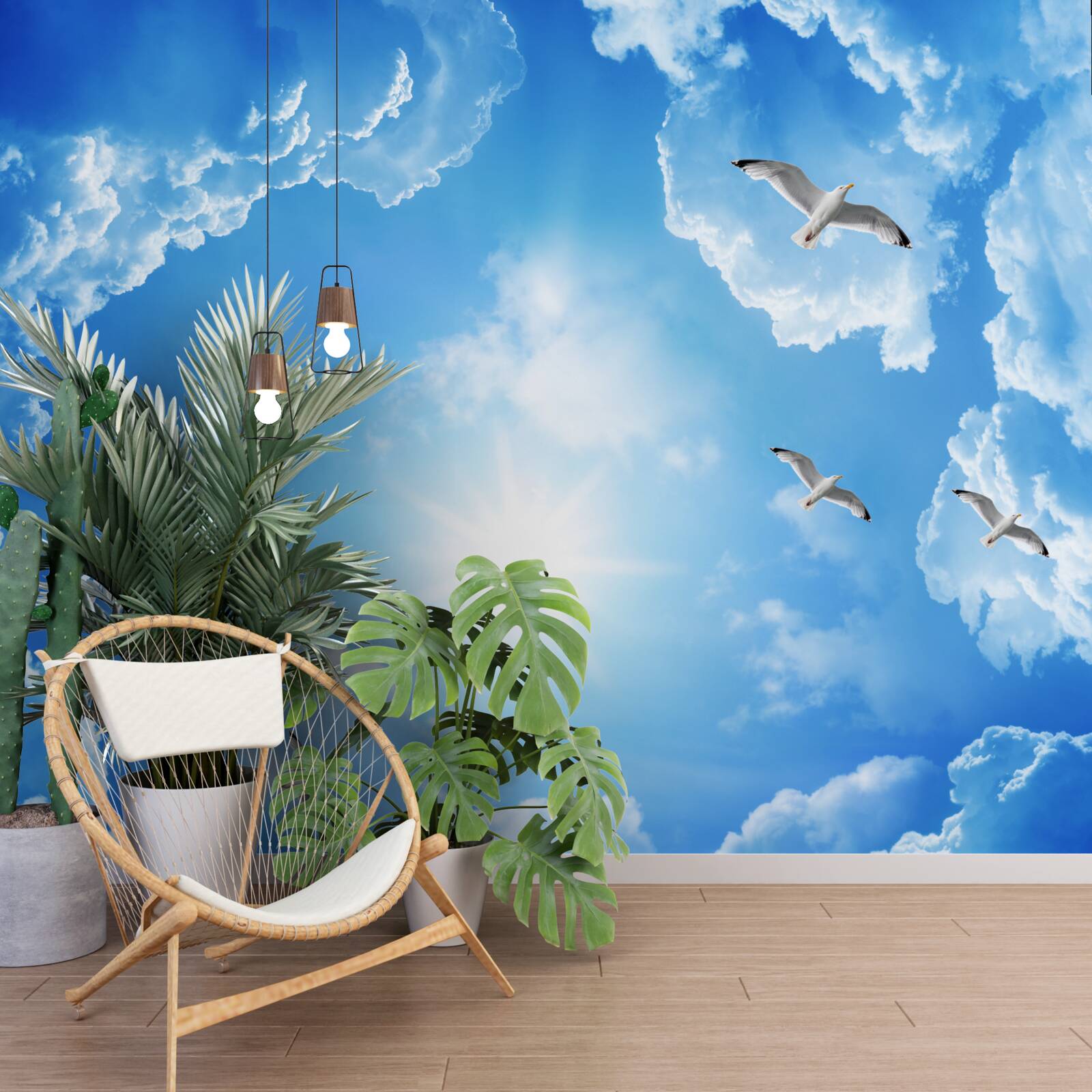 Фотошпалери яскраве денне сонце на блакитному небі