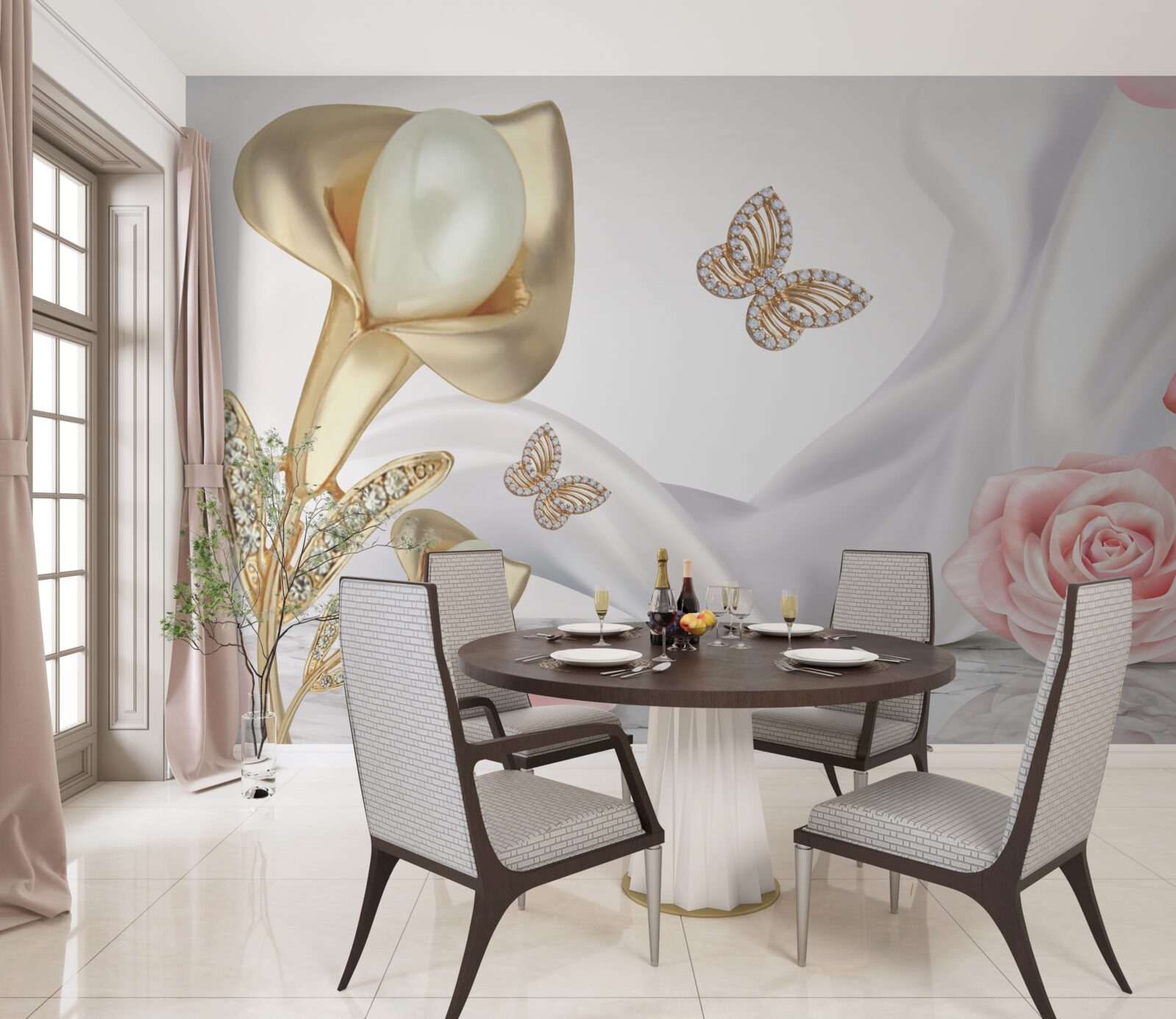 Фотошпалери перли в золоті на шовковій тканині з трояндами