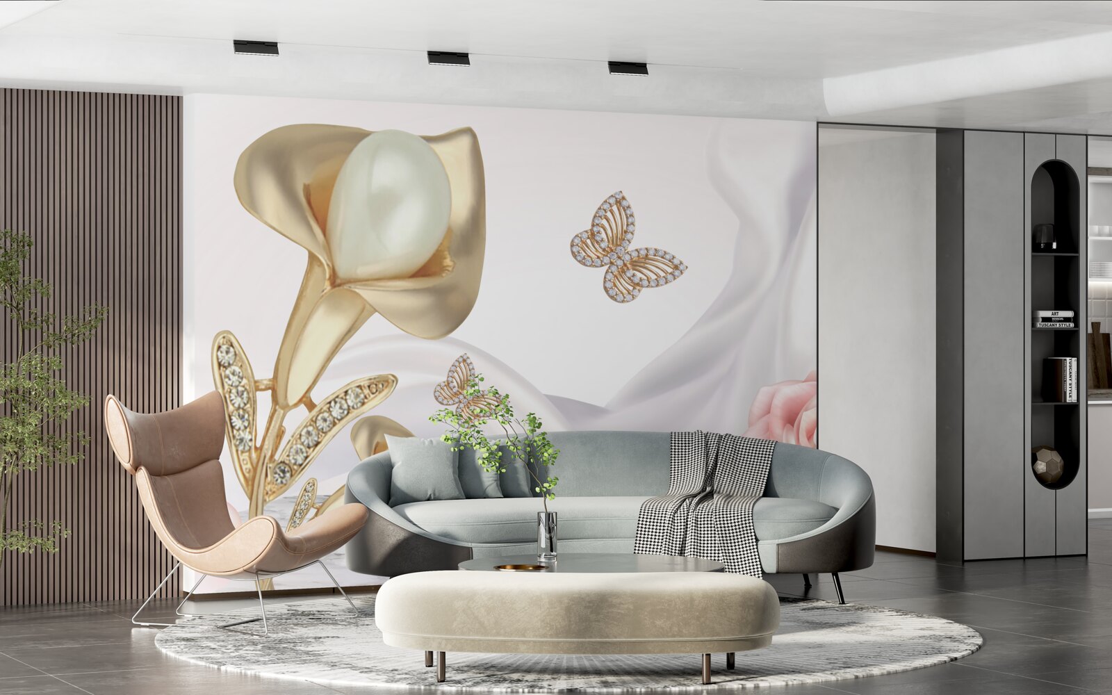 Фотошпалери перли в золоті на шовковій тканині з трояндами